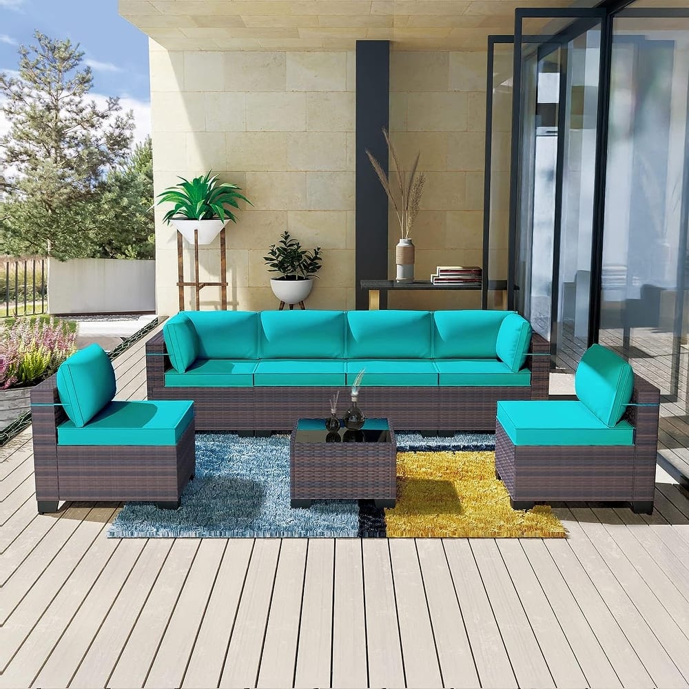 Kullavik 7 Pieces Outdoor Sectional Sofa Set Brown Wicker Patio Conversation Set with Seat Cushions and Tempered Glass Table