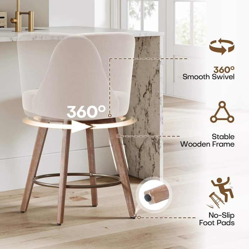 26" Upholstered Counter Height Swivel Bar Stool, Counter Stools with Solid Wood Legs - 39.37"H x 22.44"D x 21.65"W