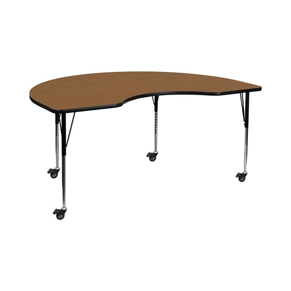 Offex 48"W x 96"L Mobile Kidney Shaped Activity Table with Oak Thermal Fused Laminate Top and Standard Height Adjustable Legs