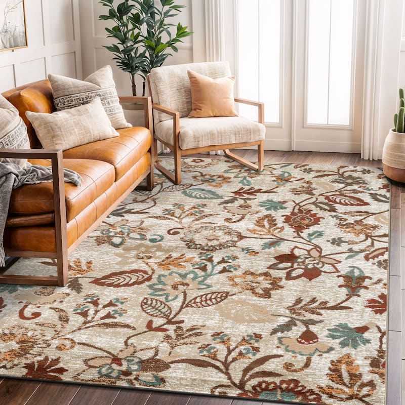 Beige Multi Vine Floral Stylish and Durable Area Rug - Beige - 5' x 7'