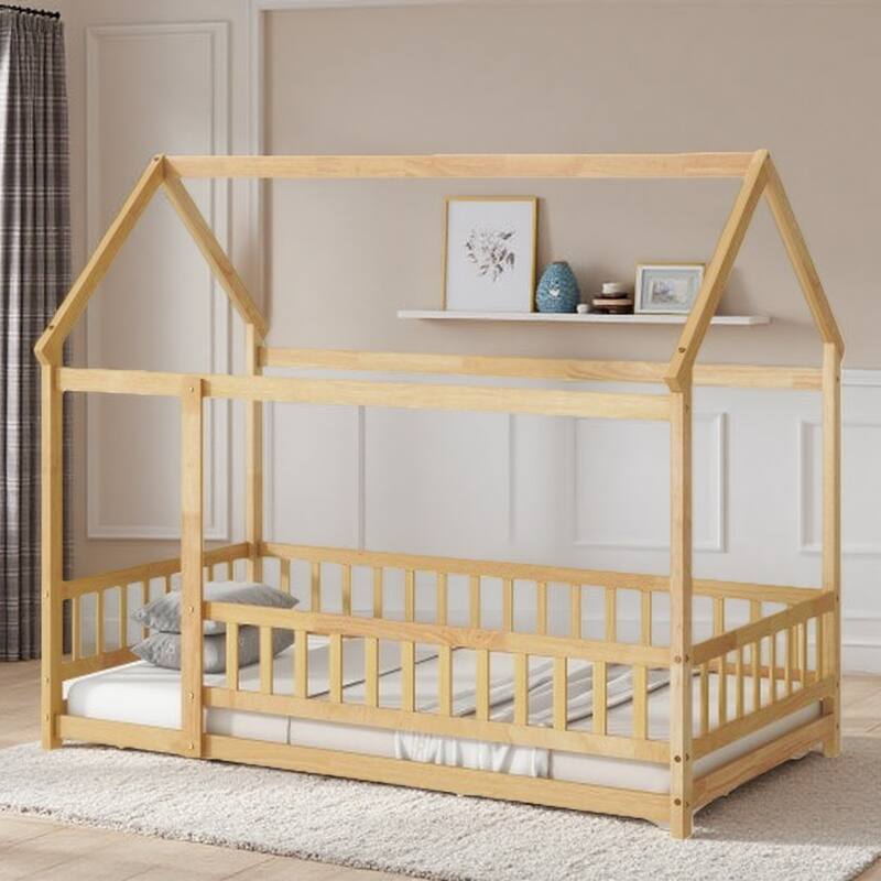 Twin Size Wooden Floor Bed with Roof Frame and Guardrails, Montessori Style Kids House Bed - Natural