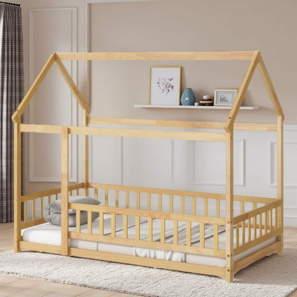 Twin Size Wooden Floor Bed with Roof Frame and Guardrails, Montessori Style Kids House Bed