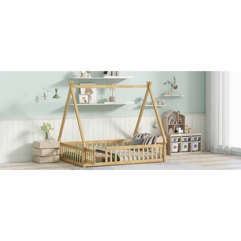 Roomfitters Twin/Full Tent-Shaped Floor Bed with Teepee Frame, Rubber Wood Platform with Guardrails, Slats and Door