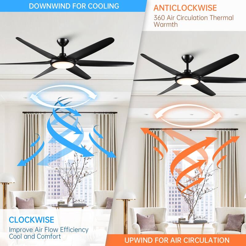 65-inch Modern Black Large Dimmable Ceiling Fan with LED Light and Remote - 65" W x 13.3" H/16.3" H