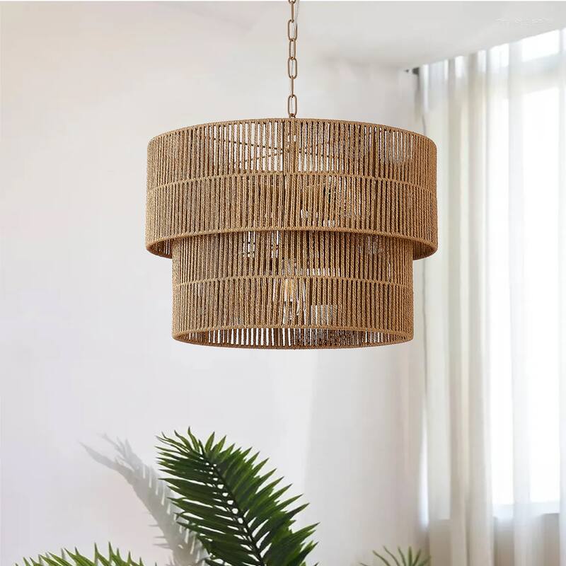5-Light Rattan Tiered Drum Chandelier Light -21.7 in. W - 21.7 in. W