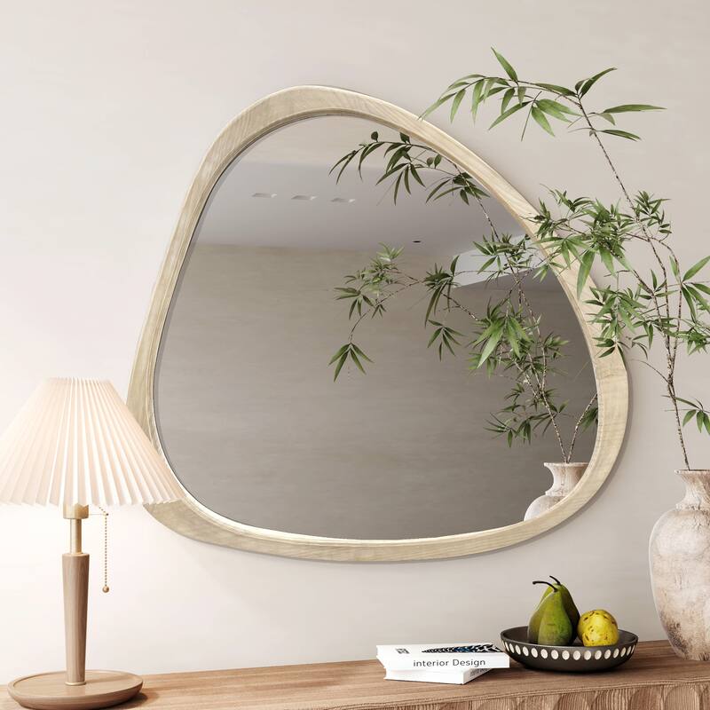 Solid Wood Asymmetrical Wall Mirror - Natural Wood Washed, Living Room, Bedroom - Natural Wood