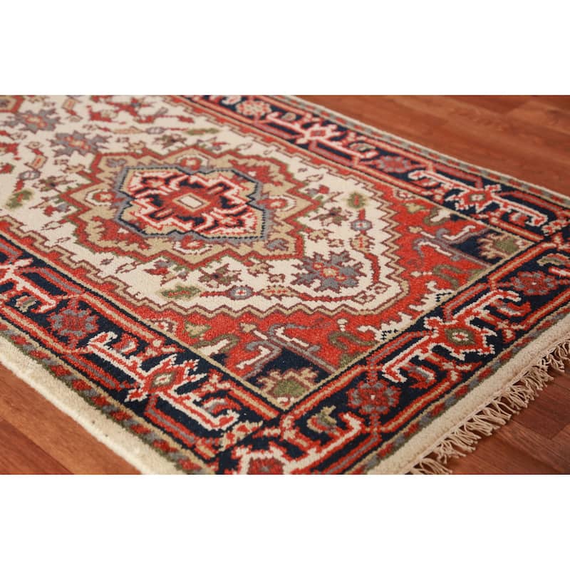 Hand Knotted Oriental 100% Wool Carpet Traditional Geometric Beige & Ivories Heriz (serapi) Runner Rug - 8' 0'' X 2' 7''