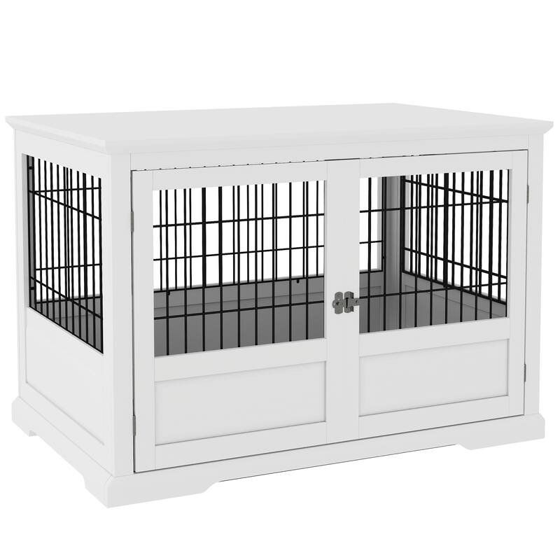 PawHut Dog Crate Furniture, 43" Dog Kennel End Table with 3 Doors, Removable Tray, Indoor Dog Cage - white