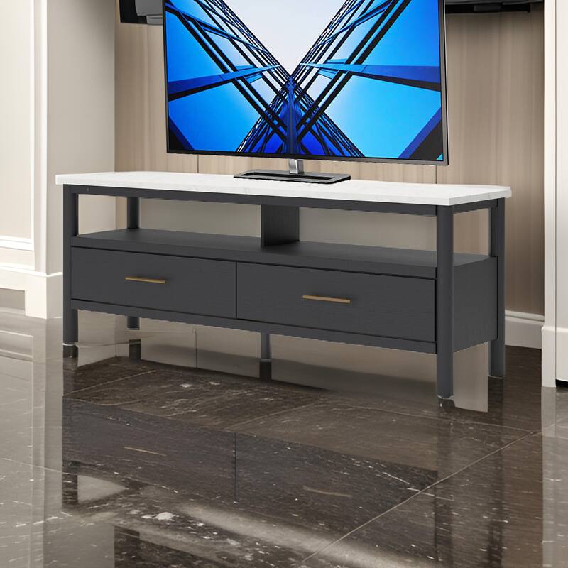 Mooran Large TV Media Console, Shelf, 2 Drawers, Black, White 71 Inch