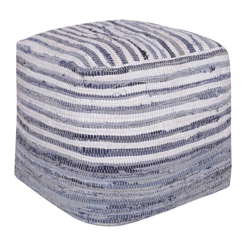 Distressed Striped Square Pouf Ottoman - 18" - Blue and White