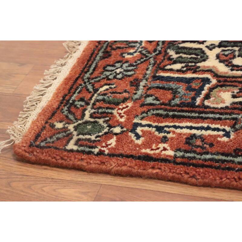Hand Knotted Oriental 100% Wool Carpet Traditional Geometric Oranges & Rust Heriz (serapi) Runner Rug - 10' 1'' X 2' 7''