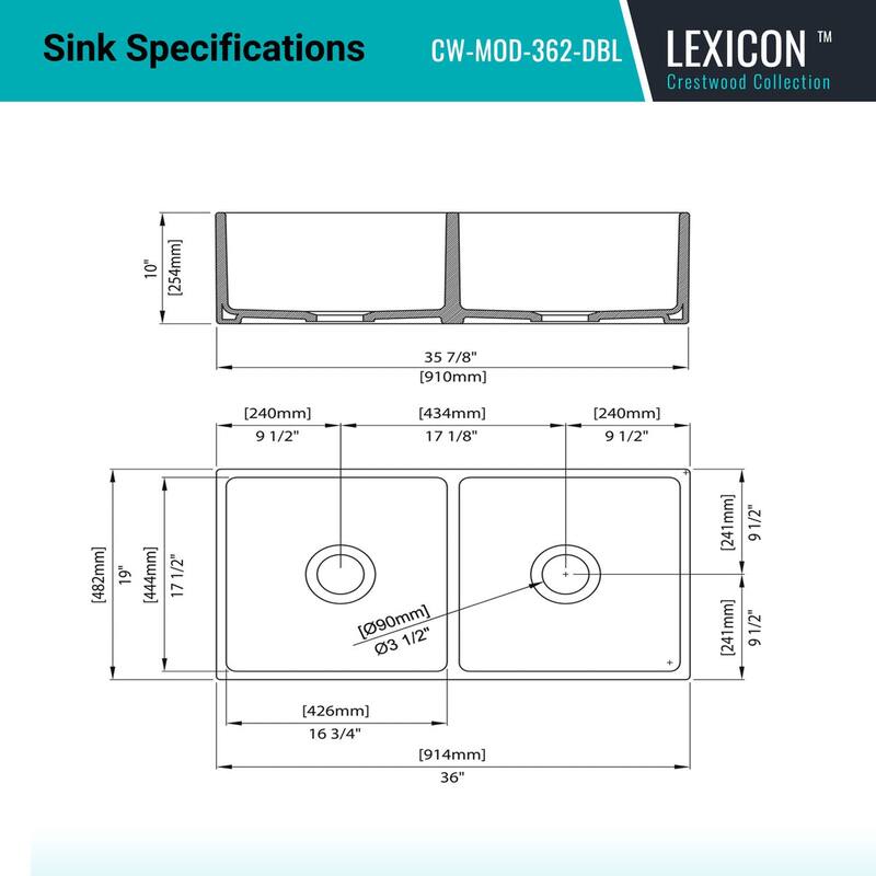 Crestwood 36" Modern Double Bowl Apron Fireclay Sink - Charcoal