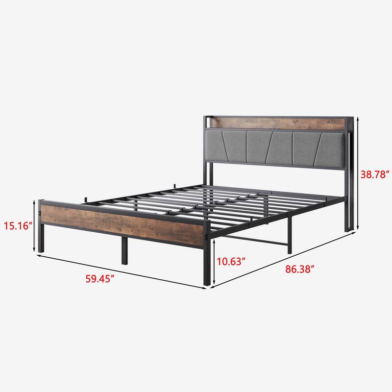 Grey Metal & Wood Queen Bed with Storage Headboard