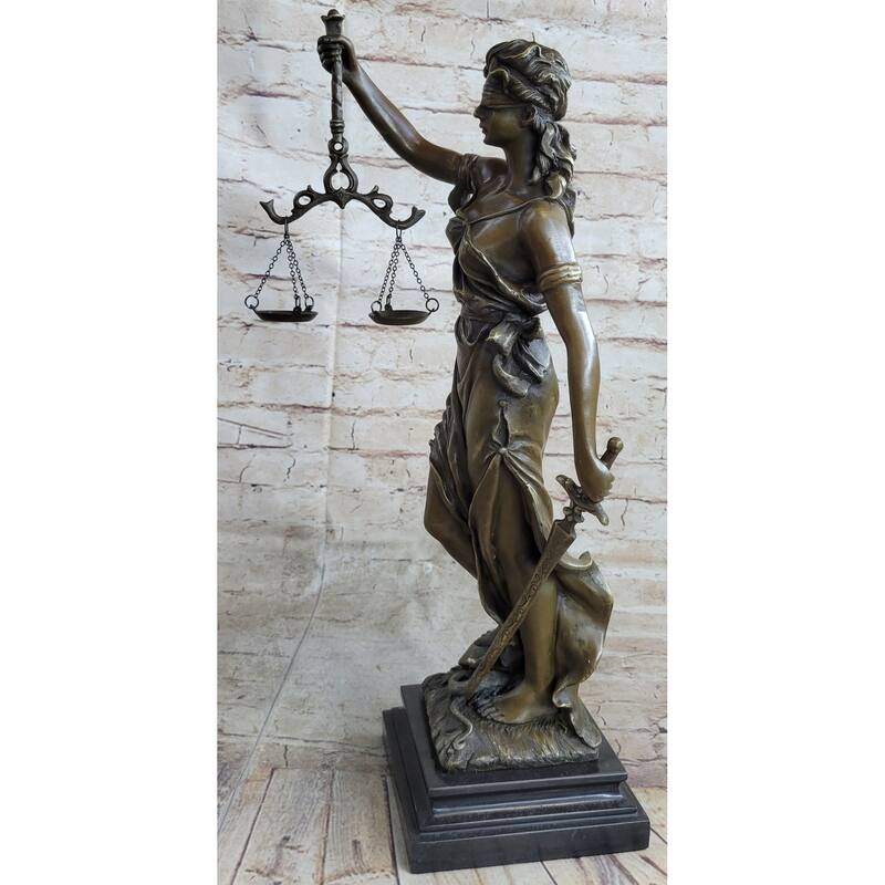 Real Bronze Metal Statue With Marble Lady Blind Justice Scales Lawyer Sculpture