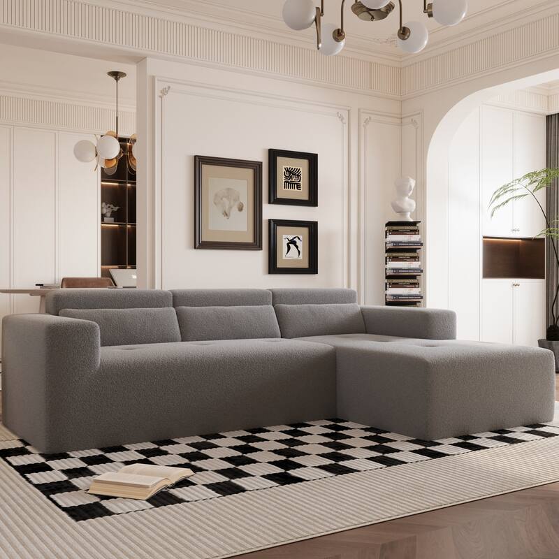 L Shaped Modular Sectional Cloud Sofa with Chaise, Teddy Fabric 3 Seat Corner Sofa, Upholstered Couch with Pillows