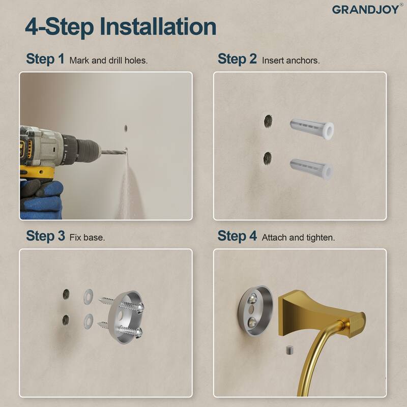 GRANDJOY 4-Piece Stainless Steel Bathroom Hardware Set with Wall Mount Double Towel Bar