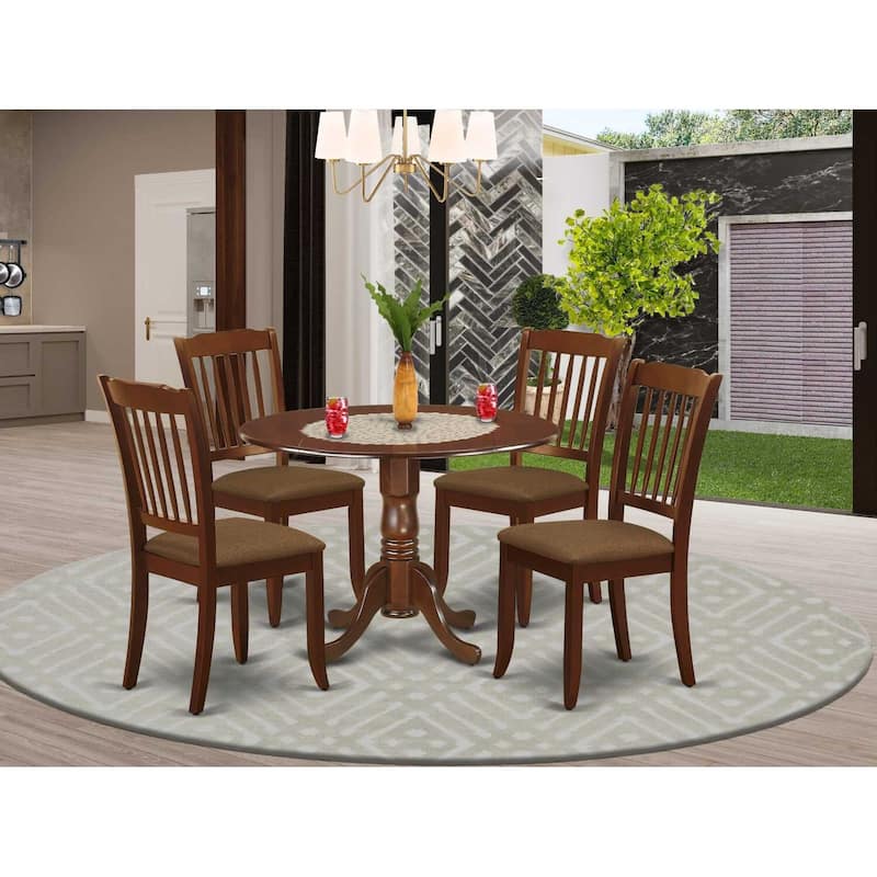 5-Piece Round Dinette Set - Mahogany Table & 4 Linen Chairs - Kitchen Dining Room Set
