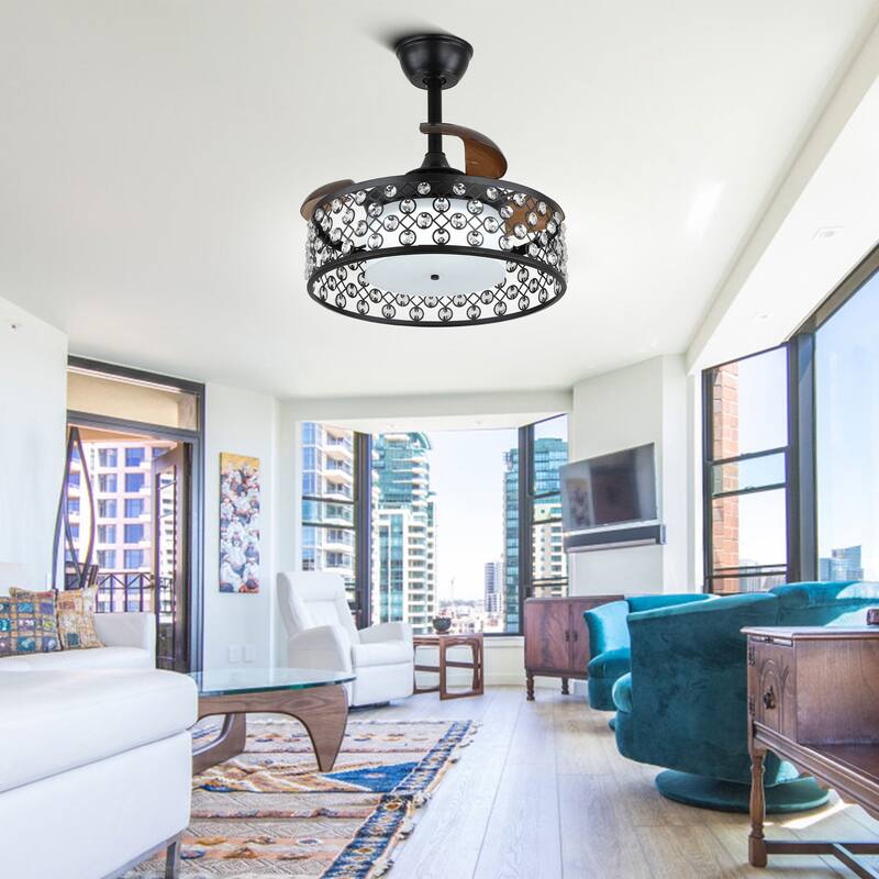 Bella Depot 22" Modern Crystal Retractable Ceiling Fan 6-Speed with Remote and Dimmable Light - 22 inches