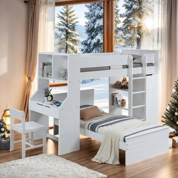 slide 2 of 7, White Twin Loft Bed with Desk and Wardrobe