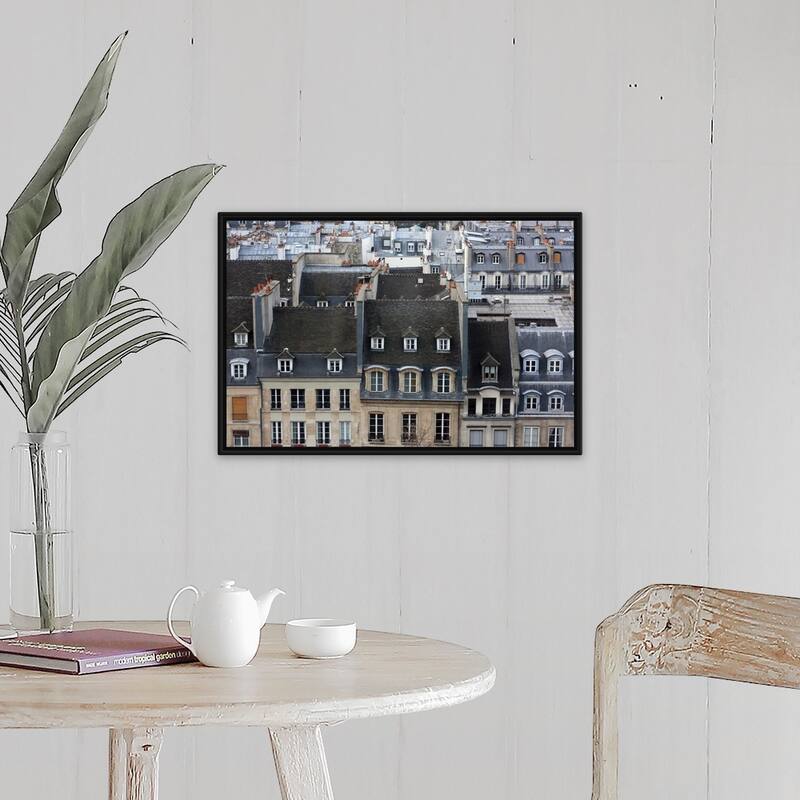 "Roofs and buildings in headquarters Chatelet les Halles, Paris." Black Float Frame Canvas Art - Wood - Includes Hardware - 24 x 16