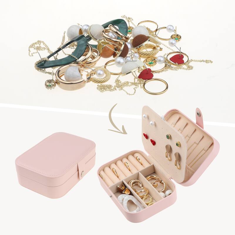 Travel Jewelry Box for Women Gifts, Portable PU Leather Jewelry Organizer Storage Display Holder for Earring Necklace - Pink