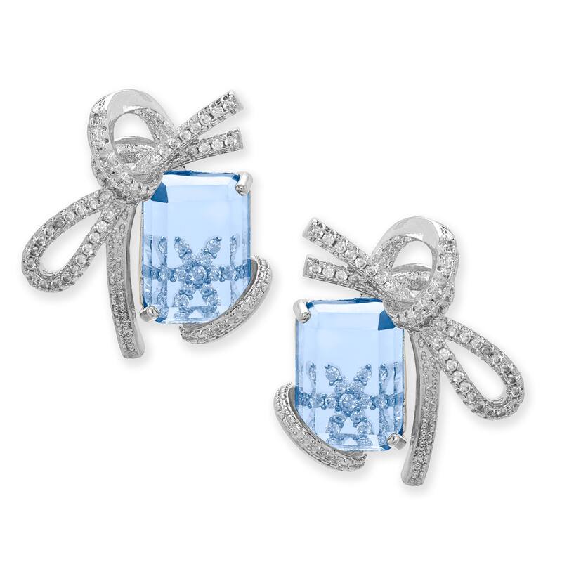 Victoria Townsend Silver Plated Blue Emerald Cut Cubic Zirconia Bow Earring - Blue - White