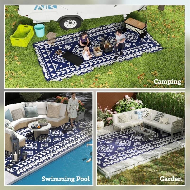 Reversible Outdoor Rug Rhombus Patchwork, UV-Protected, Foldable & Portable Polypropylene Mat - 215.7" L x 107.9" W