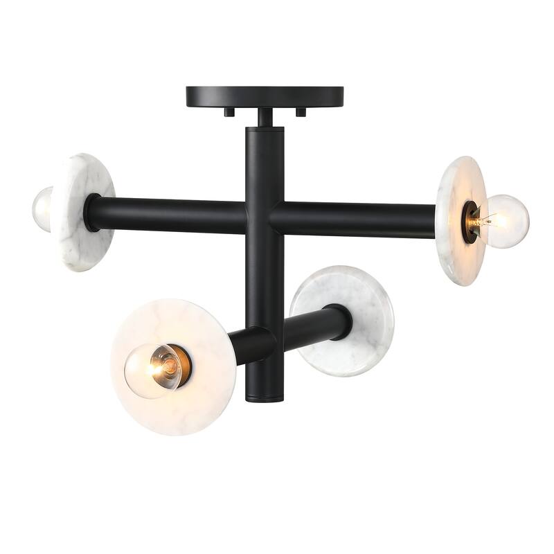 Fina 16 in. 4-Light Matte Black Modern Semi Flush Mount with Natural Marble Accents for Bedrooms - 12.25