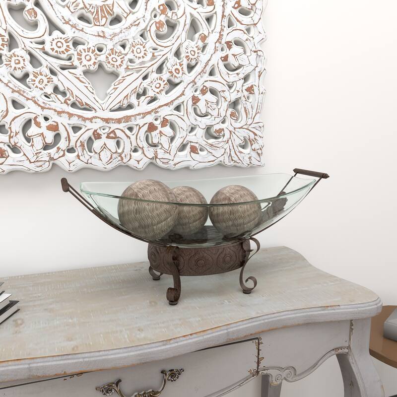 Tempered Glass Kitchen Serving Bowl with Brown Metal Scroll Base - Clear - Roche River Decor