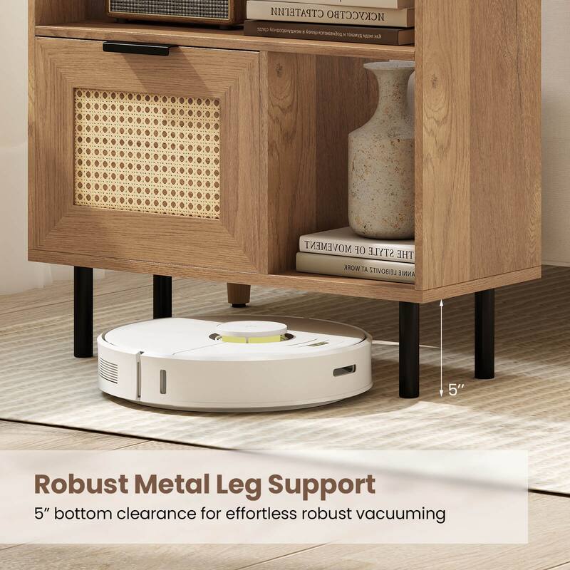 Costway Boho Rattan Nightstand Wooden End Table with Storage Shelf