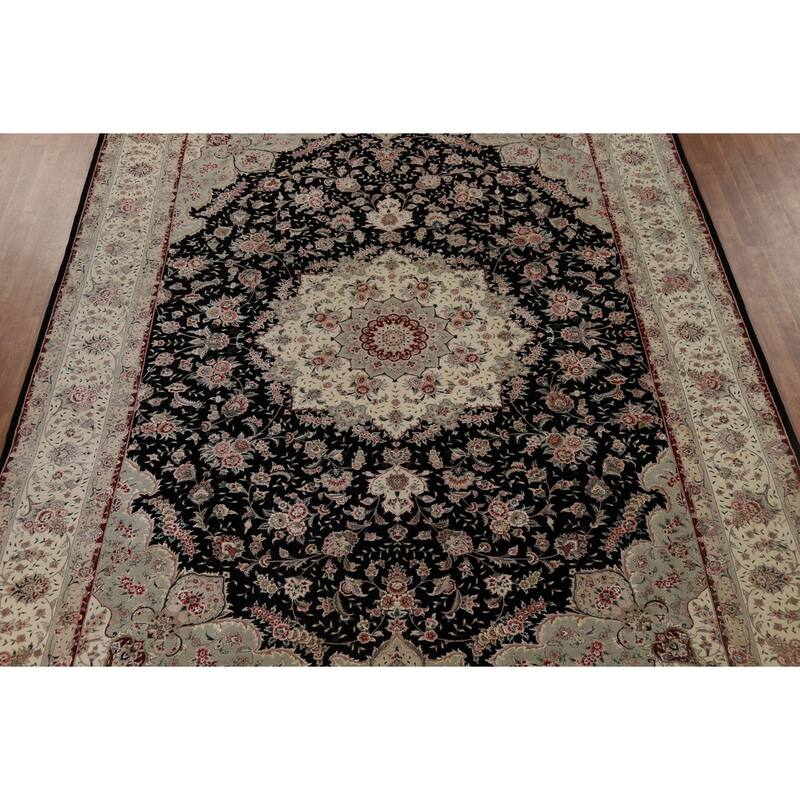 Black Aubusson Chinese Vintage Large Rug Hand-Knotted Wool Carpet - 10'3" x 14'1"