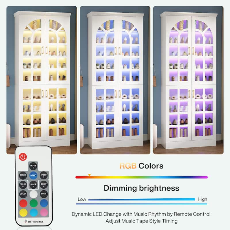 9-Tier Tall Shoe Storage Cabinet with Doors, Led Lights and Adjustable Shelves for Entryway, White