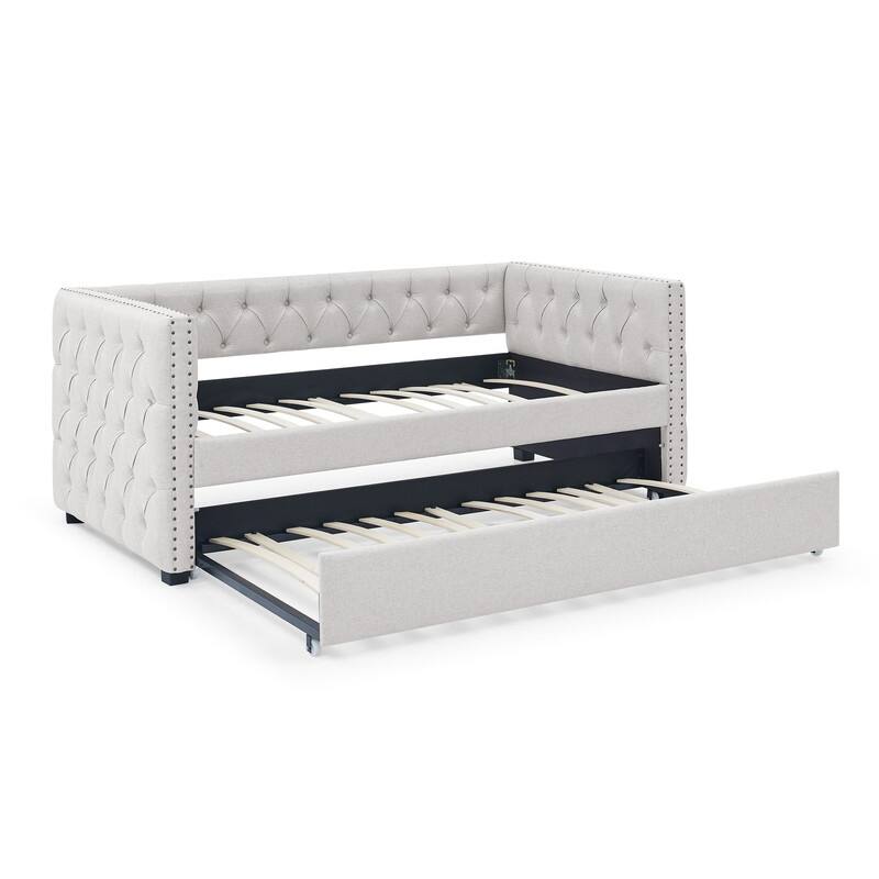Daybed with Trundle Upholstered Tufted Sofa Bed with Button and Copper Nail on Square Arms