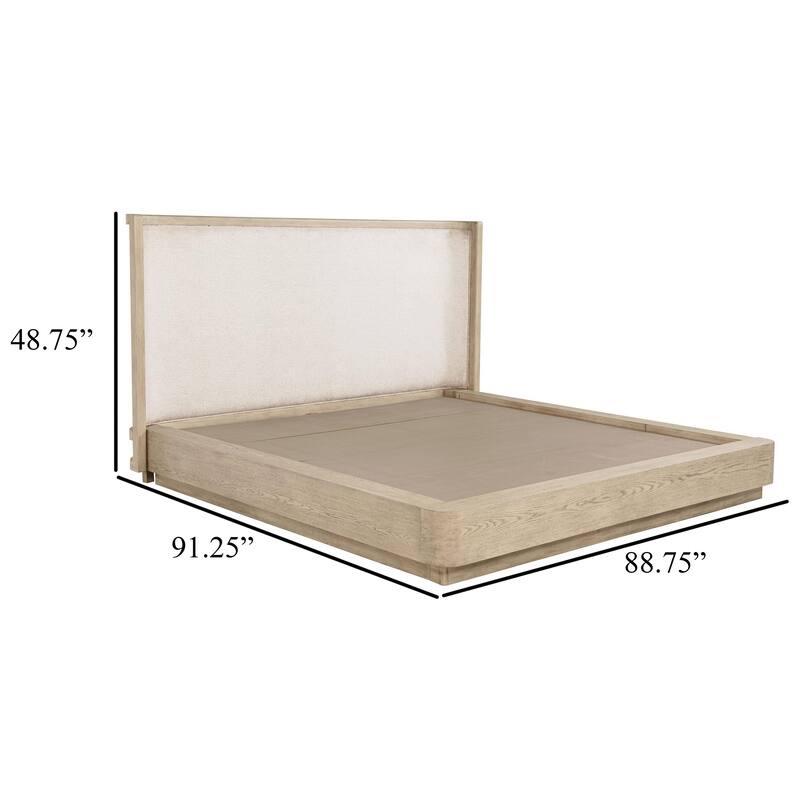 Lno King Platform Bed, Beige Upholstered Headboard, Oak Brown Cane