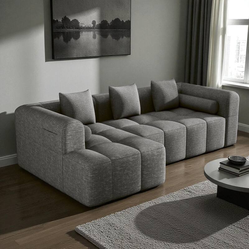 101.2" Modular Sectional Sofa Full-Foam Compressed Couch with Deep Seating Side Pockets Square & Bolster Pillows