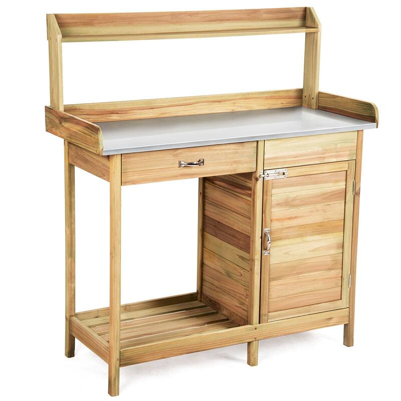 Costway Outdoor Potting Bench Garden Wooden Work Station Metal