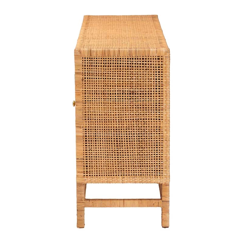 Vivan Bohemian Honey Rattan and Mahogany Wood 3-Drawer Storage Cabinet