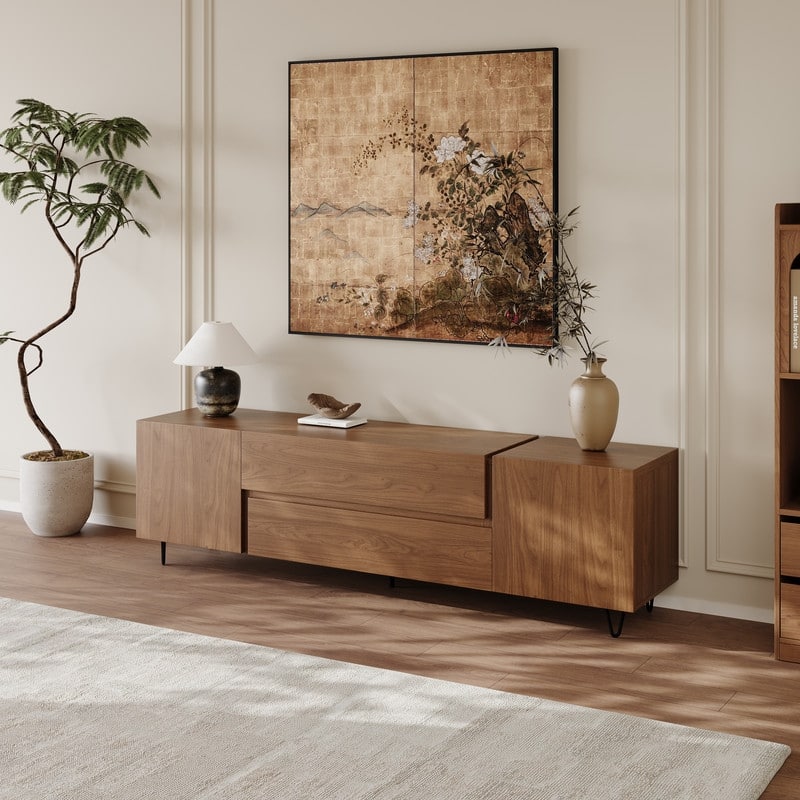 71" Walnut Finish TV Stand with Drawers & Closed Cabinets - Modern Media Console with Open Shelves