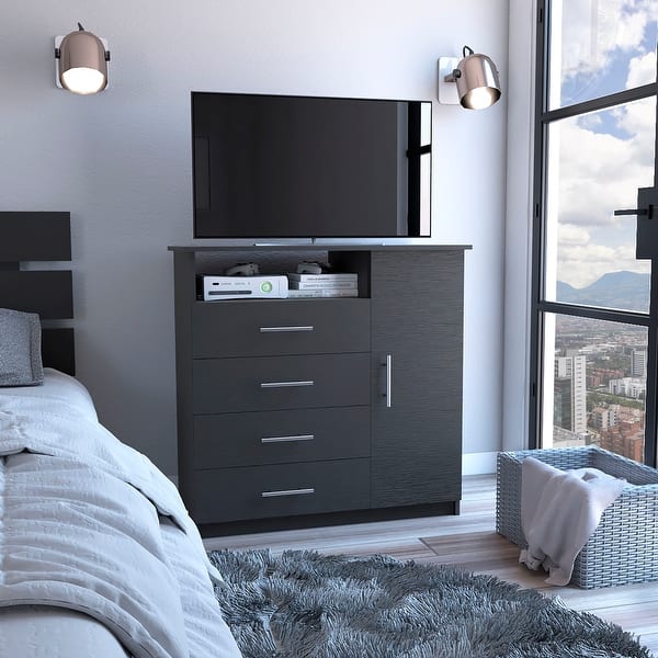 Peru 4 Drawer Dresser, Single Door and One Open Shelf,Black