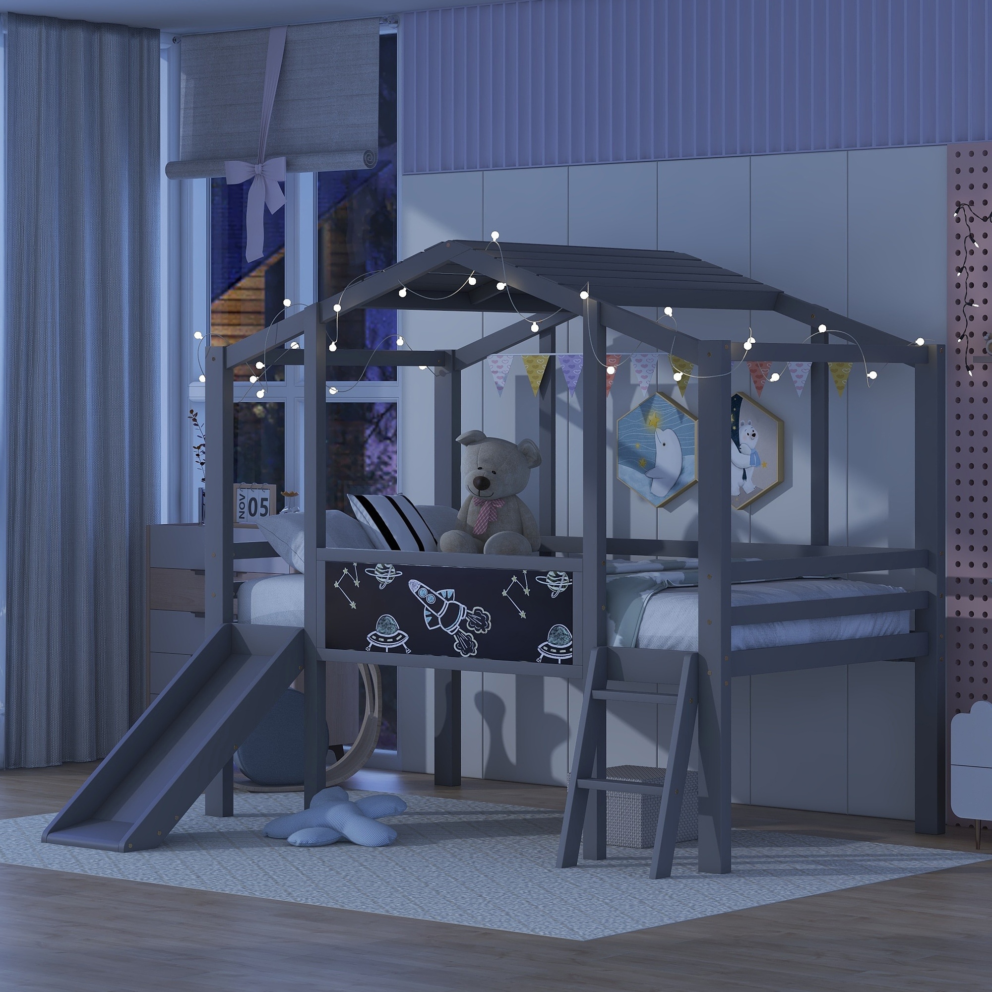 Twin Low Loft Bed w/ Slide and Ladder, Wood Playhouse Twin Bed, Gray