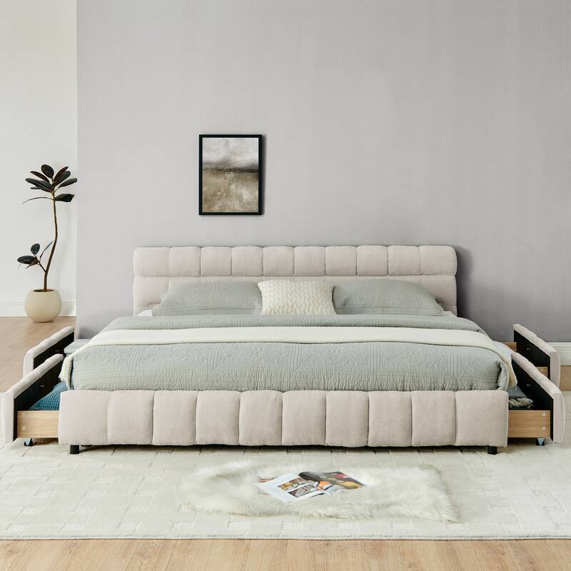 Block Thick Chenille Low Profile Platform Bed Fabric Upholstered Bedframe with Headboard Solid Wood Frame - Optional Storage Bed
