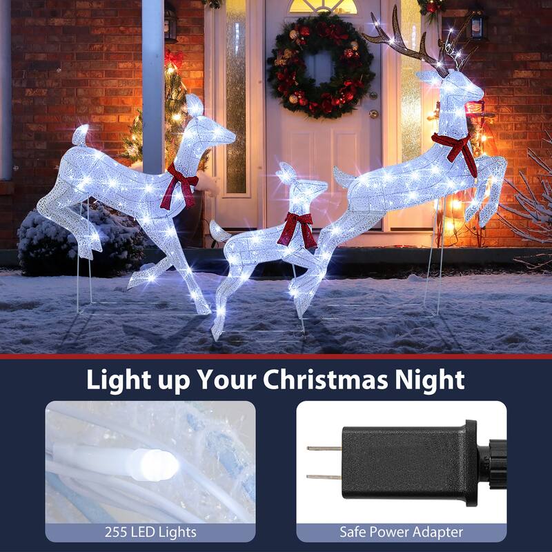 Gymax 3 PCS Christmas Lighted Reindeer Family Set w/255 Cold W/ LED - See Details