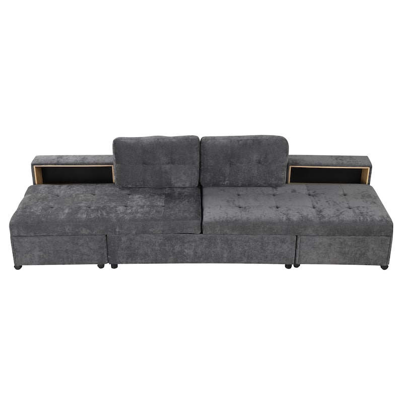 121.2" Chenille Modular Sofa Bed with Two Storage Racks, Free-Combined Design, and Smooth-Rolling Wheels