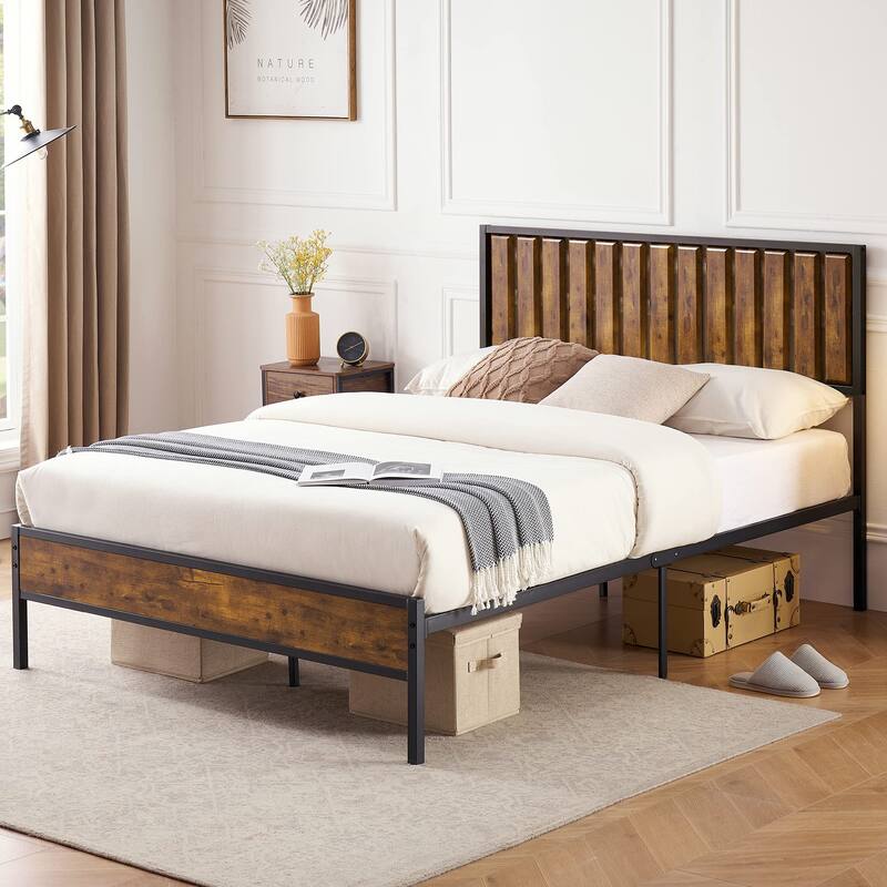 Platform Metal Bed Frame Wood Headboard with 14 Heavy Duty Steel Slats - Full