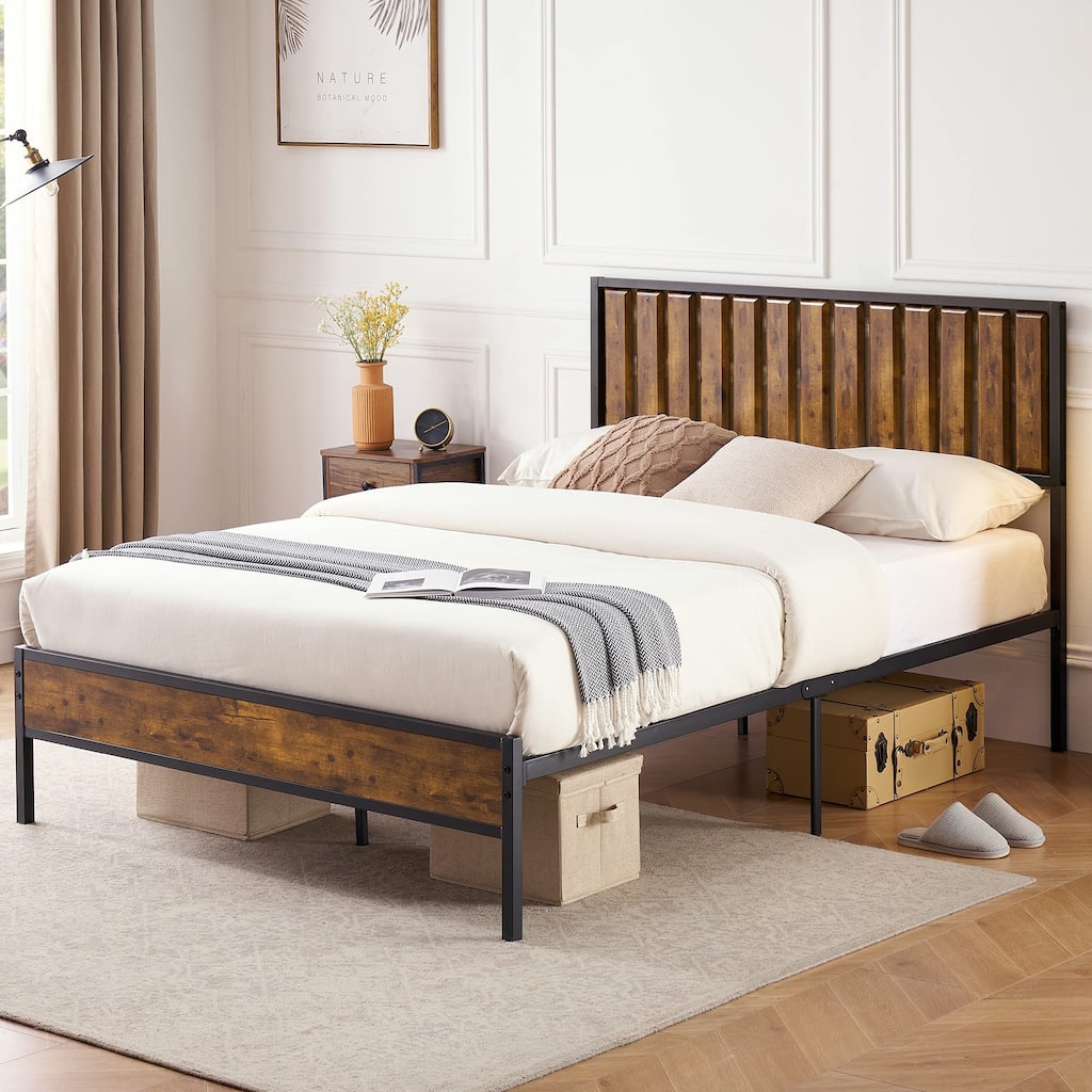 Platform Metal Bed Frame Wood Headboard with 14 Heavy Duty Steel Slats