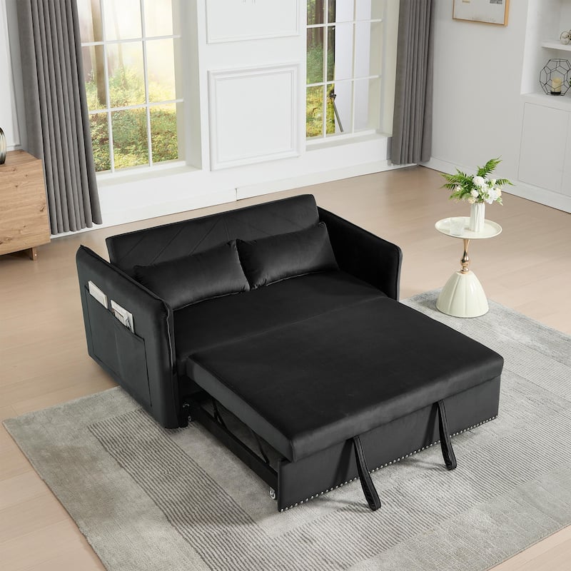 55" 3-in-1 Velvet Sleeper Futon Loveseat with 2 Pillows Recline Pockets
