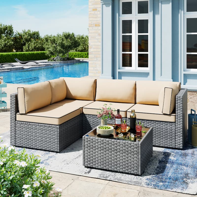 Outdoor 5-Piece Wicker Sectional Sofa Set with Table. - Khaki/Silver