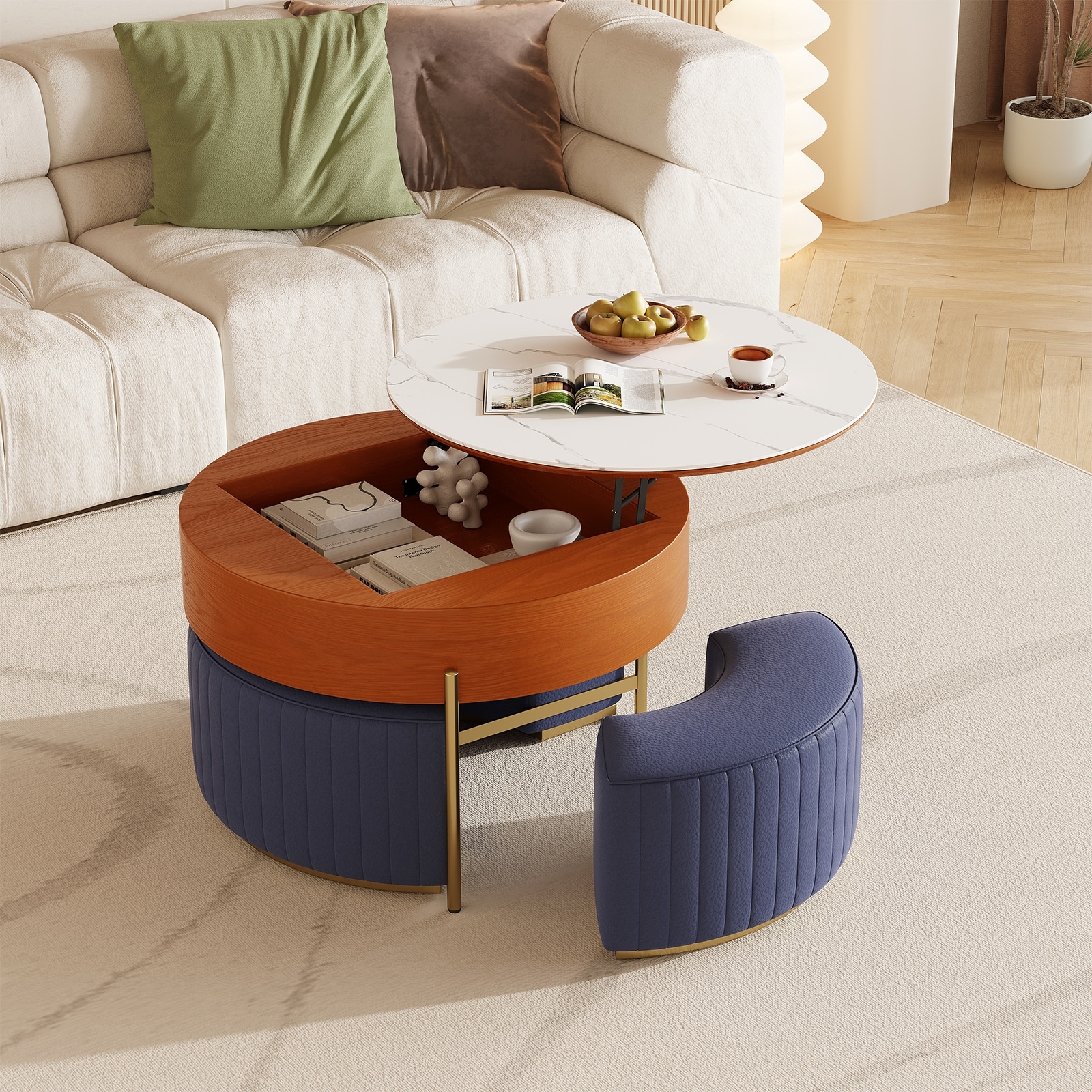 Lift Top Extendable Frame Coffee Table with Storage 3 Stools