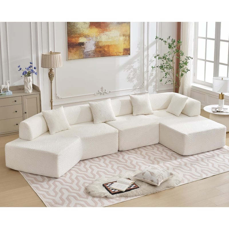Modern Minimalist 140" L-Shape Boucle Modular Sofa, 4 Seats, White - Multi-Color