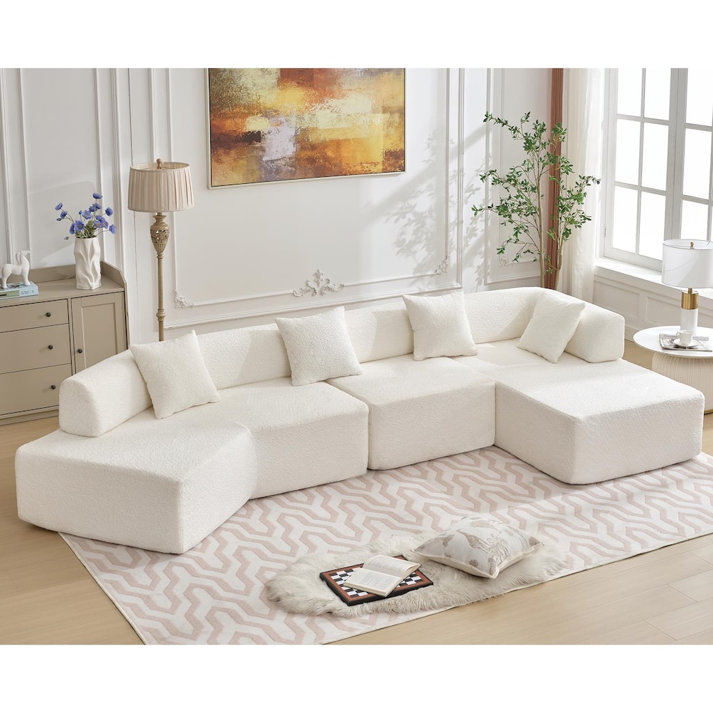 White 140" Oversized Boucle Upholstered L-Shaped Modular Sectional Sofa, 3-piece Free Combination, No Assembly Required